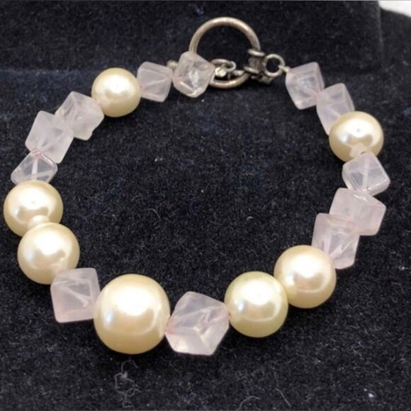 Handmade Vintage Inspired Faux Pearl Pink Gemstones Necklace & Two Bracelets Set - Picture 14 of 16